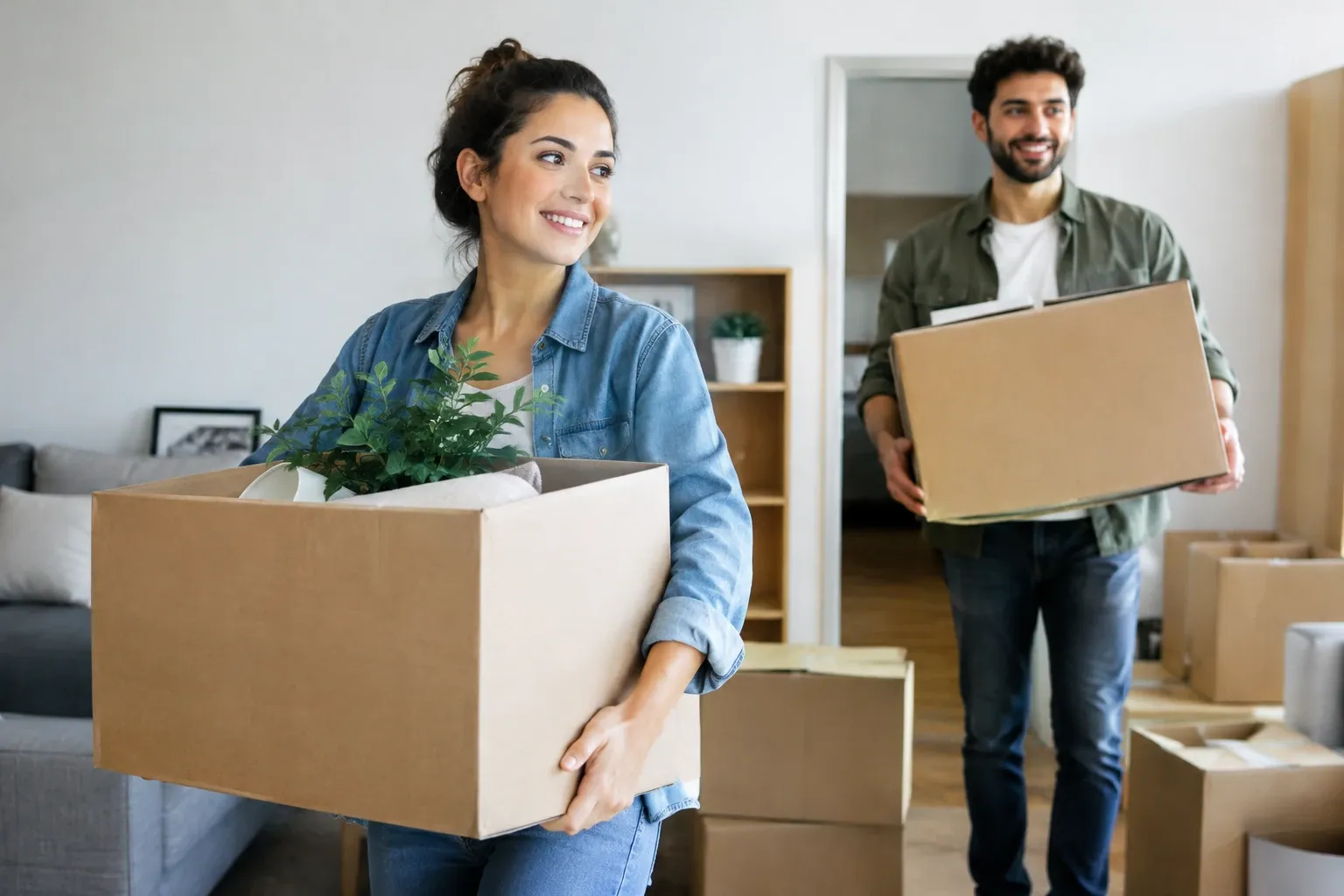 Jeune femme souriante portant une boîte avec plante, homme portant une autre boîte derrière elle