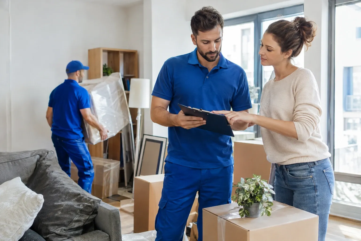 Déménageur en bleu signant un inventaire avec cliente près de cartons et canapé