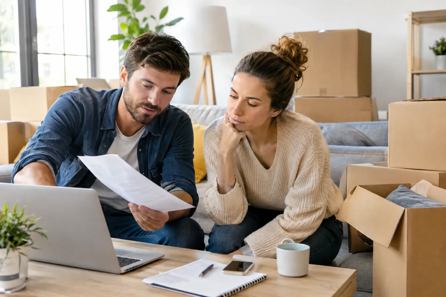 Couple assis parmi cartons, examinant des documents et un ordinateur portable