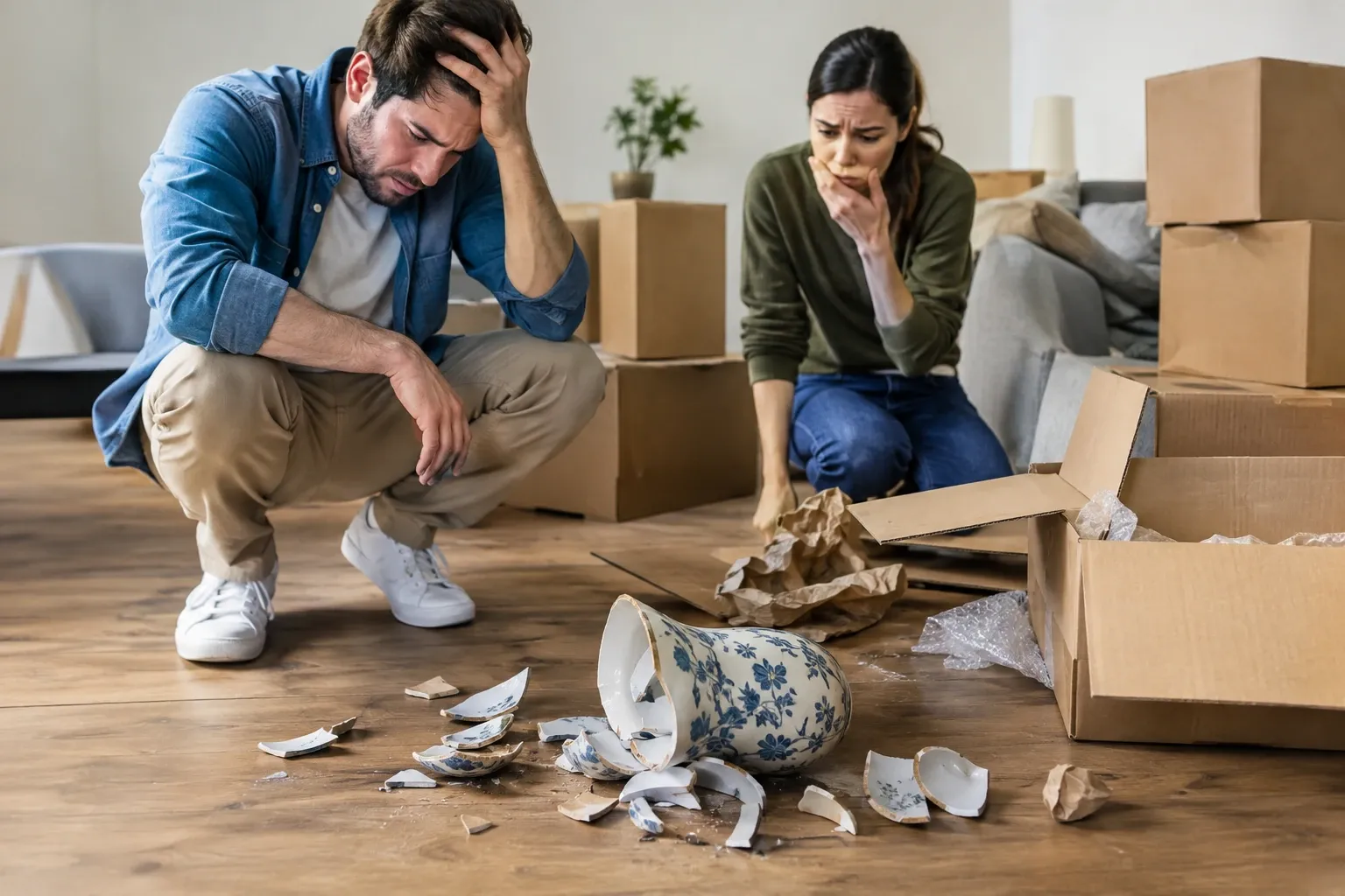 Couple inquiet regardant un grand vase en porcelaine cassé au milieu des cartons