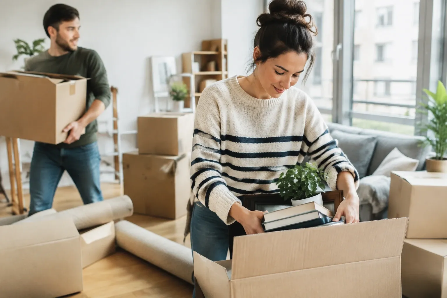 Femme range livres et plante dans carton pendant déménagement, homme porte boîte en arrière-plan