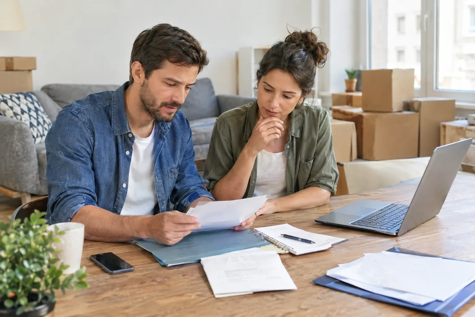 Couple assis à table triant des papiers et contrats, cartons de déménagement en arrière-plan
