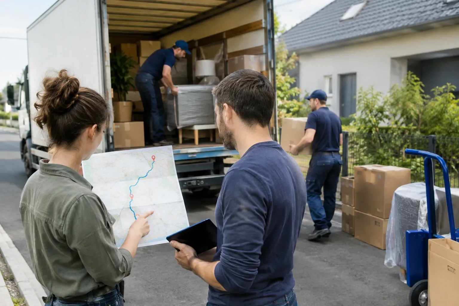 Deux déménageurs chargent un camion pendant que clients consultent une carte et tablette