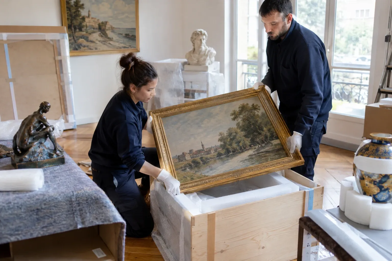 Deux déménageurs gantés placent un tableau encadré dans une caisse en bois, salon éclairé naturellement