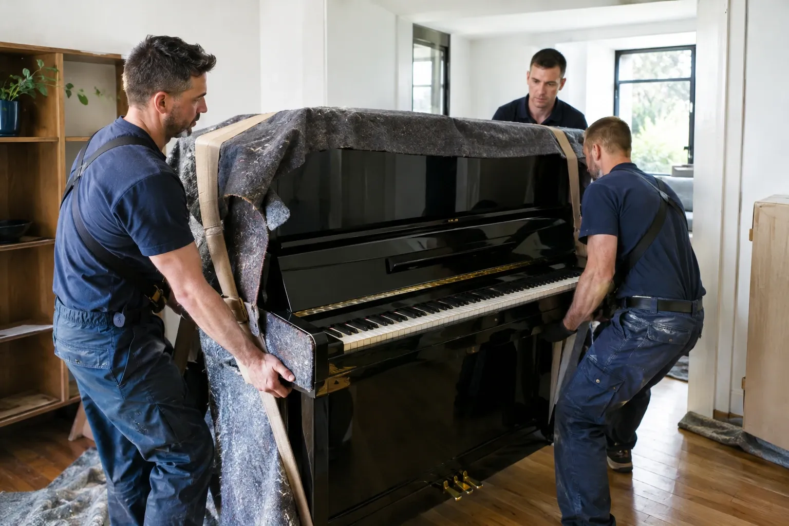 Trois déménageurs portant un piano droit noir enveloppé dans des couvertures de protection