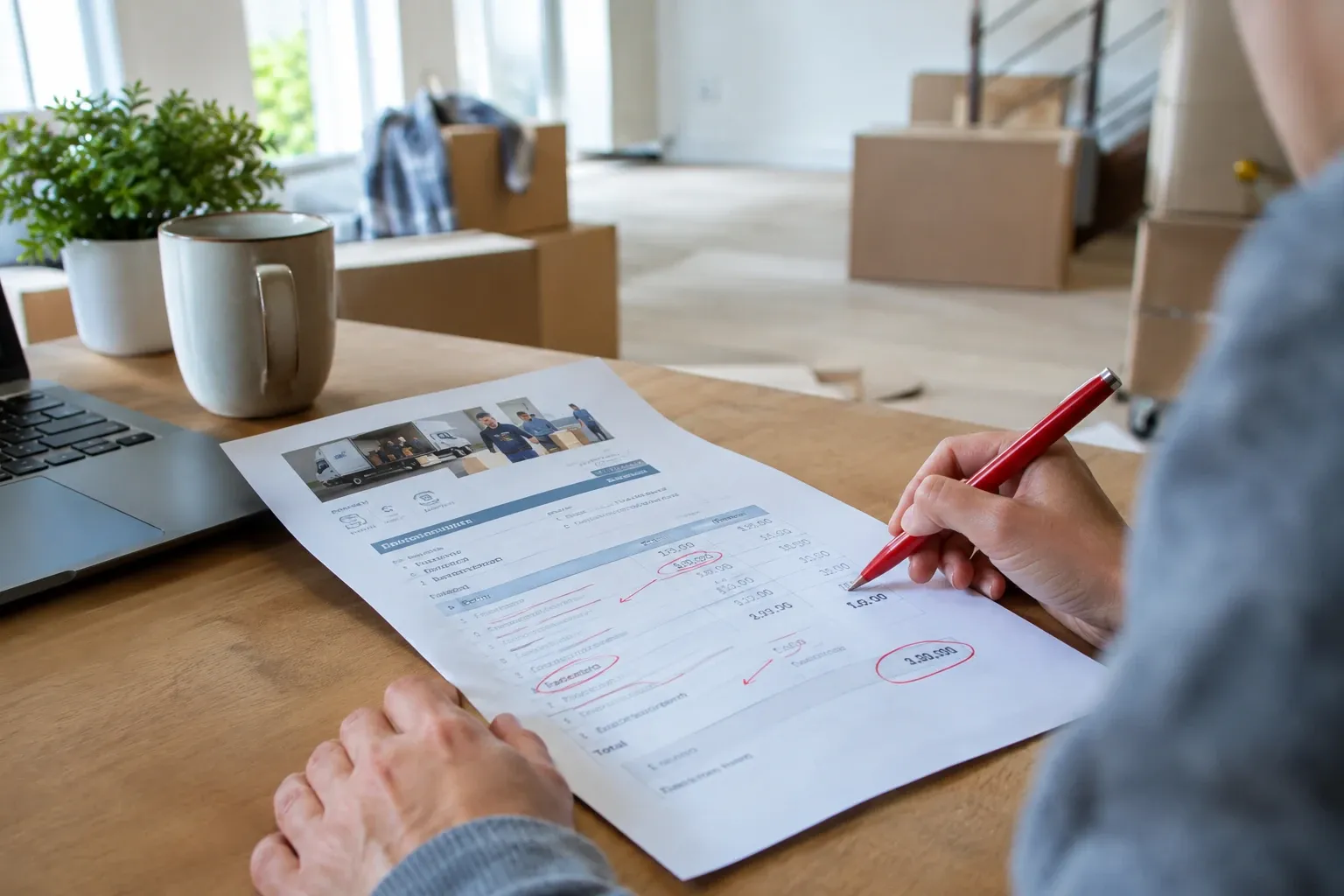 Main annoté d'un devis de déménagement sur table, personne marquant avec stylo rouge