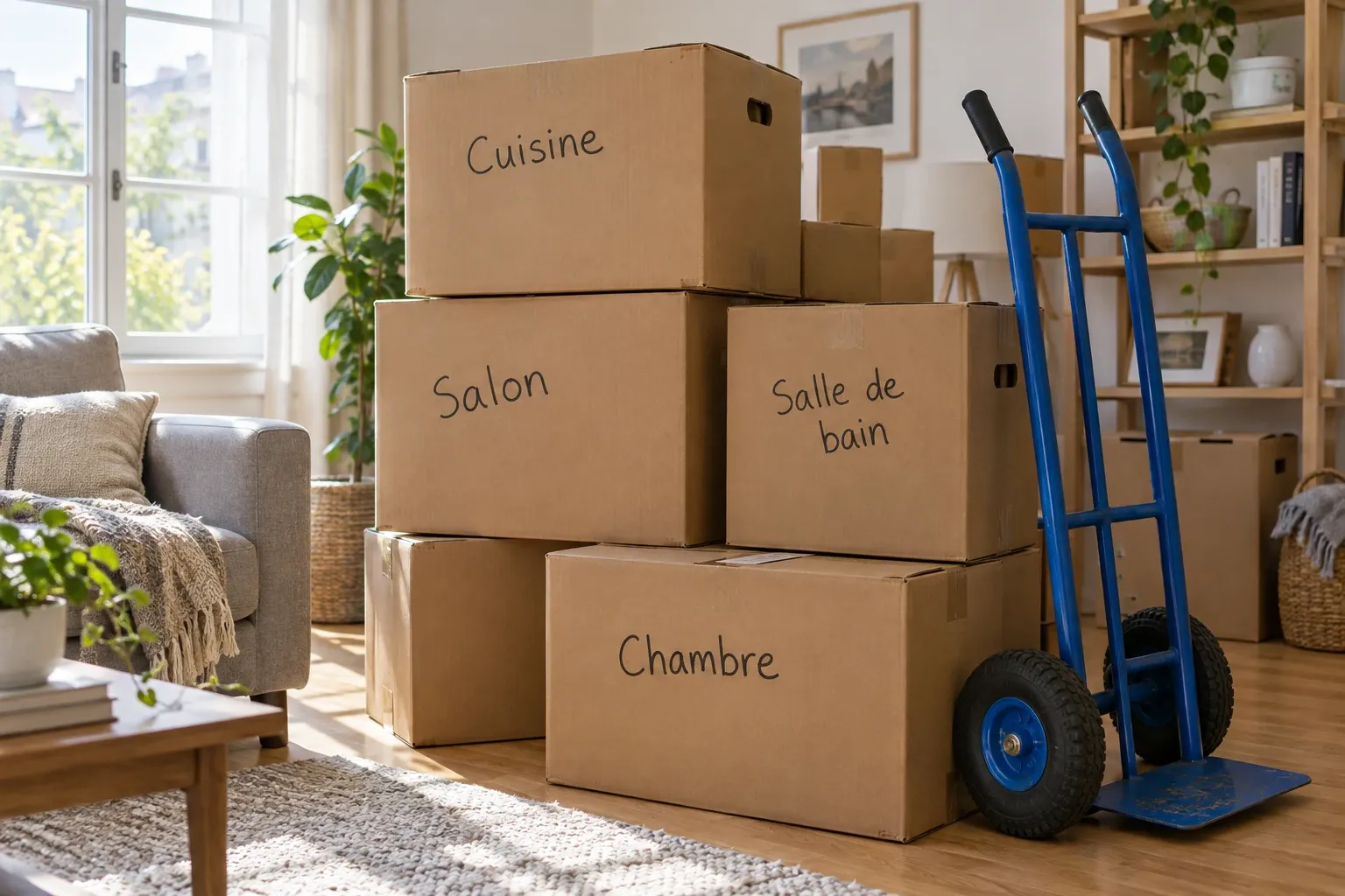 Cartons étiquetés par pièce et diable bleu dans un salon avant un déménagement