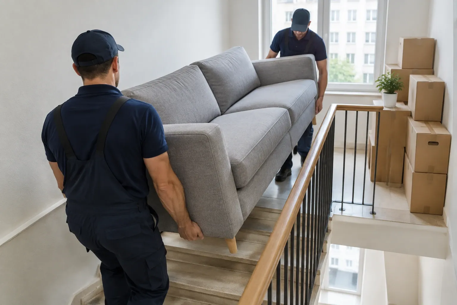 Deux déménageurs portant un canapé dans l'escalier d'un immeuble