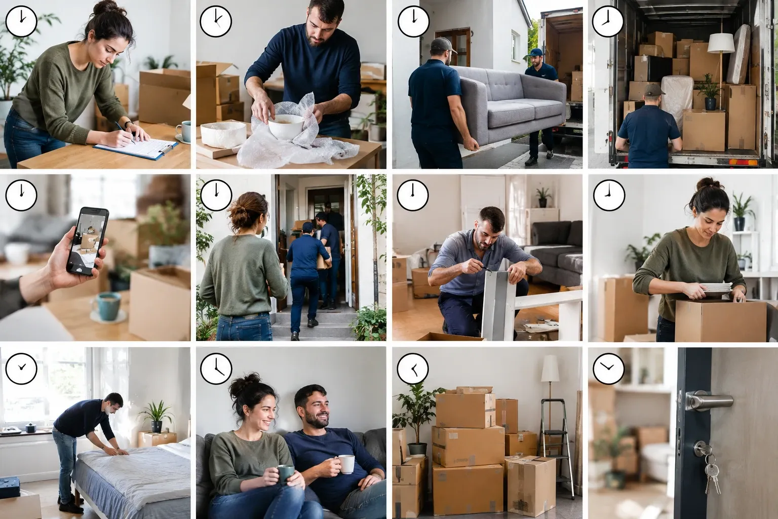 Femme assise écrivant inventaire sur table entourée de cartons, lumière naturelle