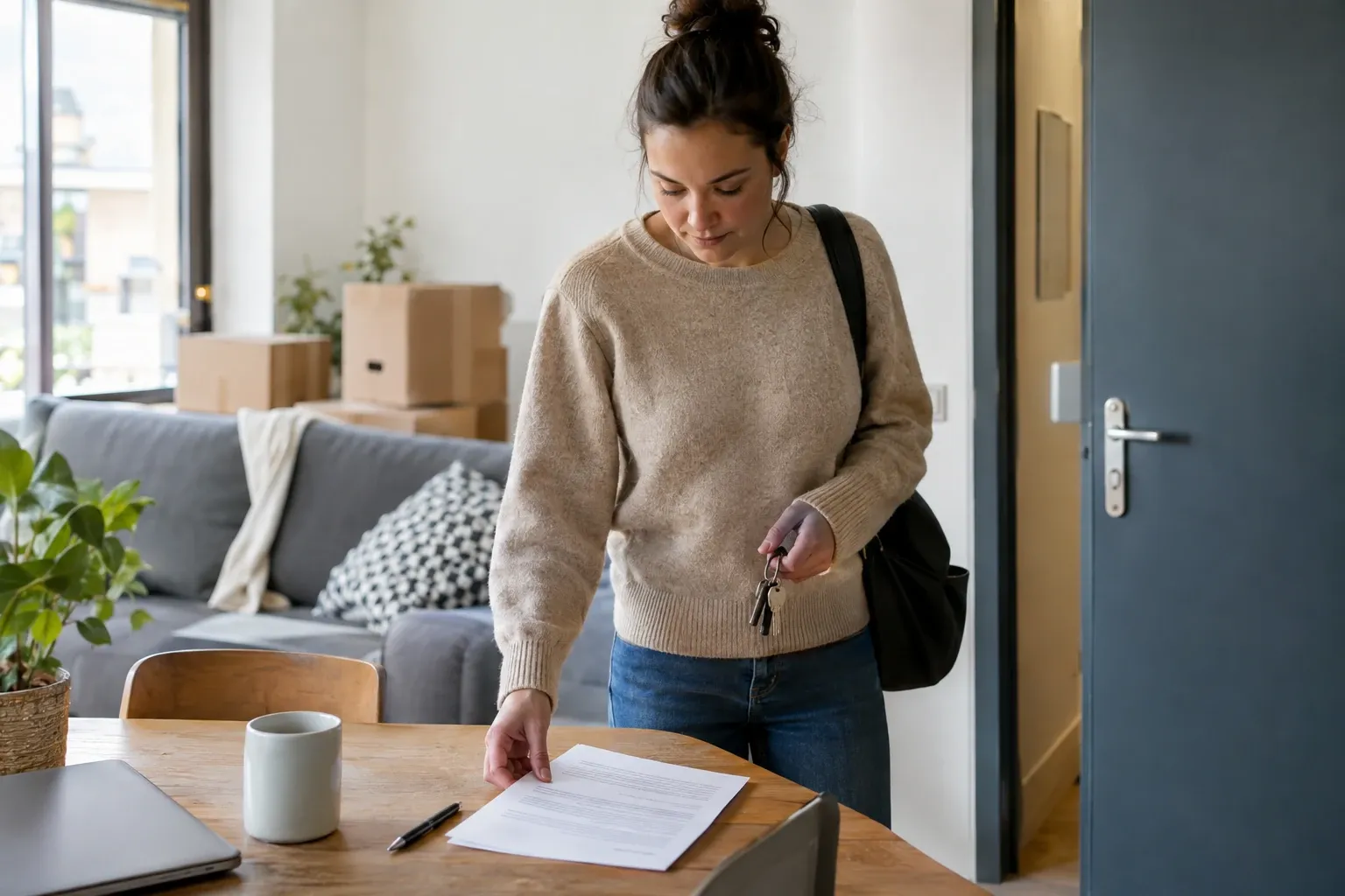 Femme tenant clés et sac, signant ou lisant un document de départ dans logement
