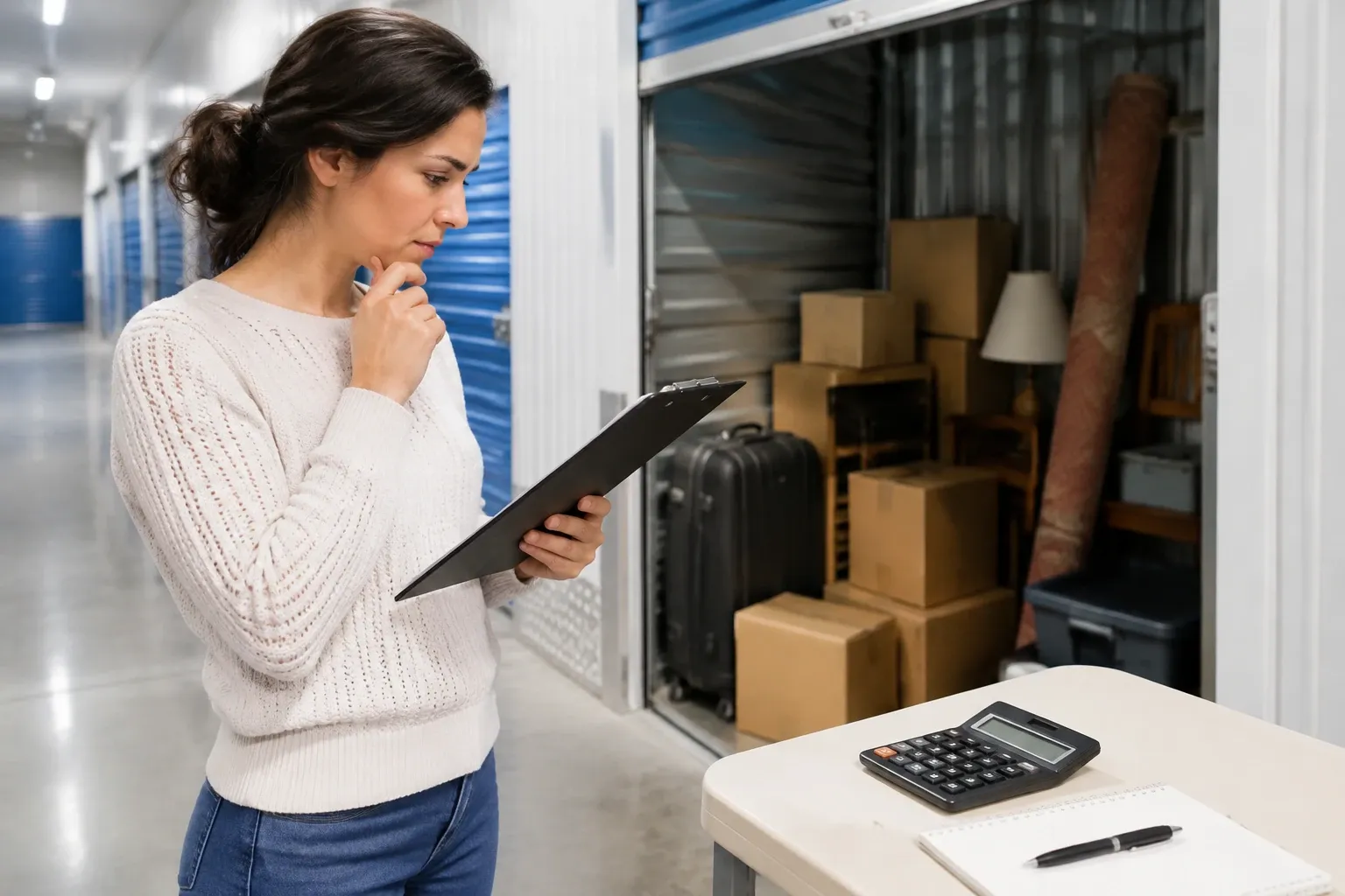 Femme évaluant une unité de garde-meuble remplie de cartons, valise, lampe et calculatrice