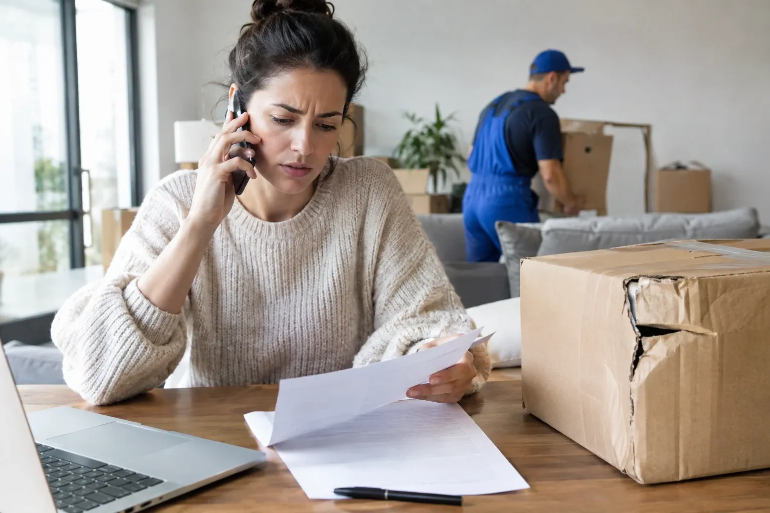 Femme inquiète au téléphone examinant papiers de réclamation, carton endommagé visible derrière